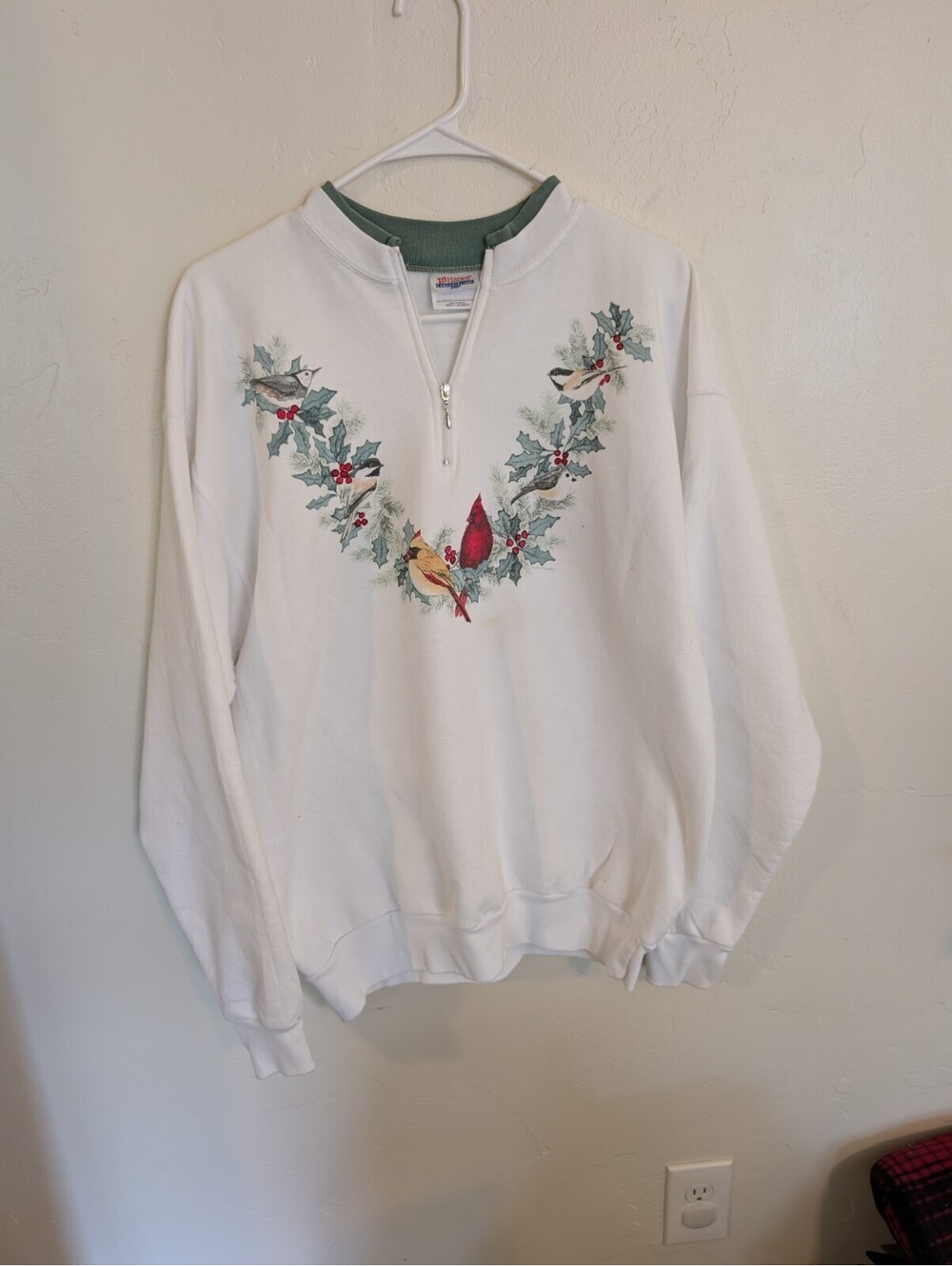 Vtg Hanes Quarter Zip Sweatshirt Sz L White Cardinal Christmas Holly Bird Wreath